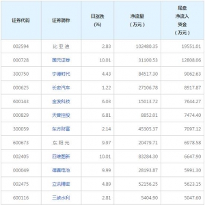 比亚迪等2只个股尾盘净流入资金超亿元（8月17日）