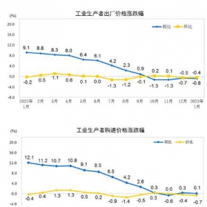2023年1月份工业生产者出厂价格PPI同比下降0.8% 环比下降0.4%