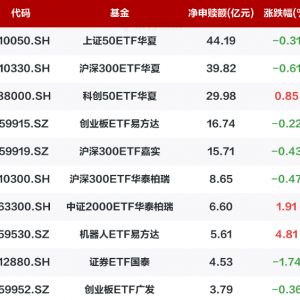 10月20日股票型ETF净申购100亿元 上证50ETF华夏，净申购44.19亿元 ...